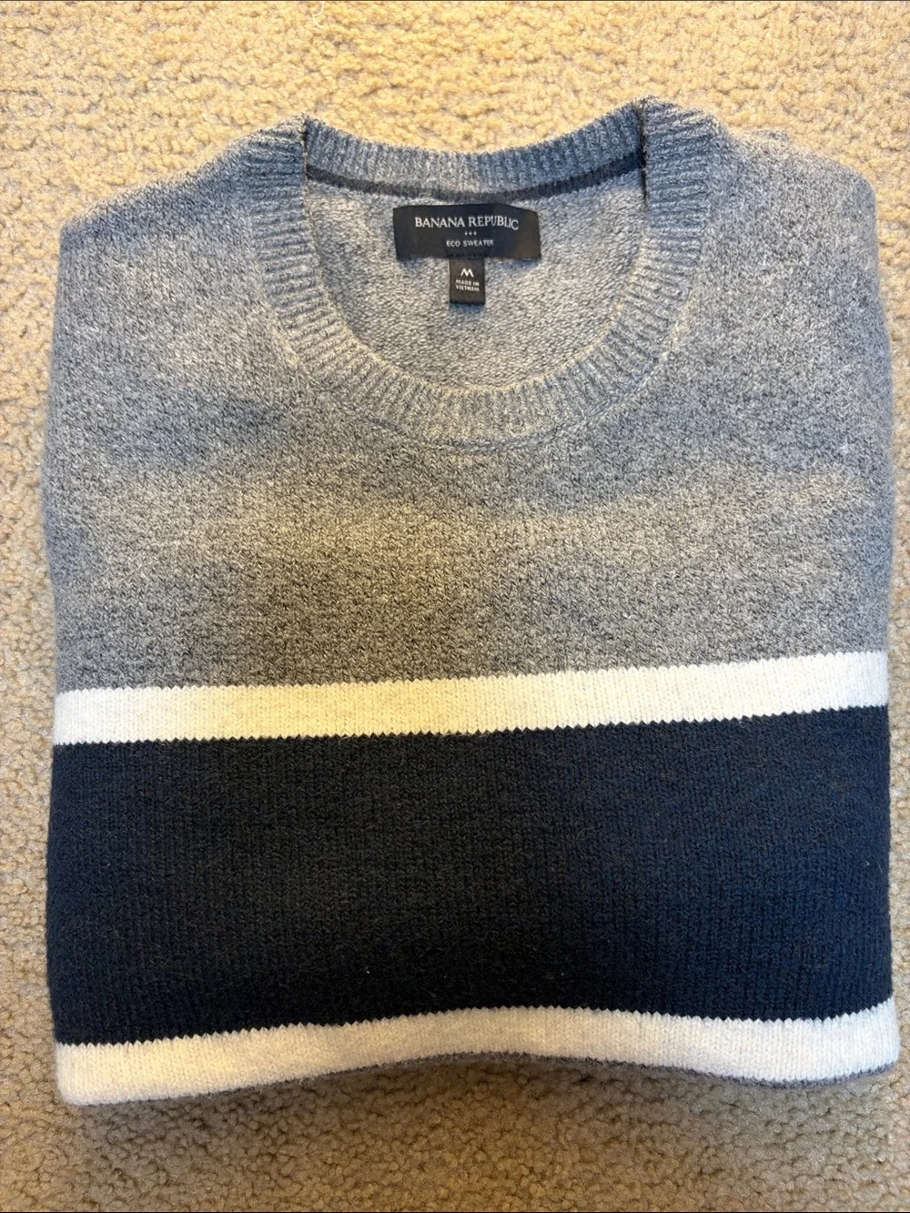 Banana Republic Men's Gray, Navy & White Striped Crewneck Sweater